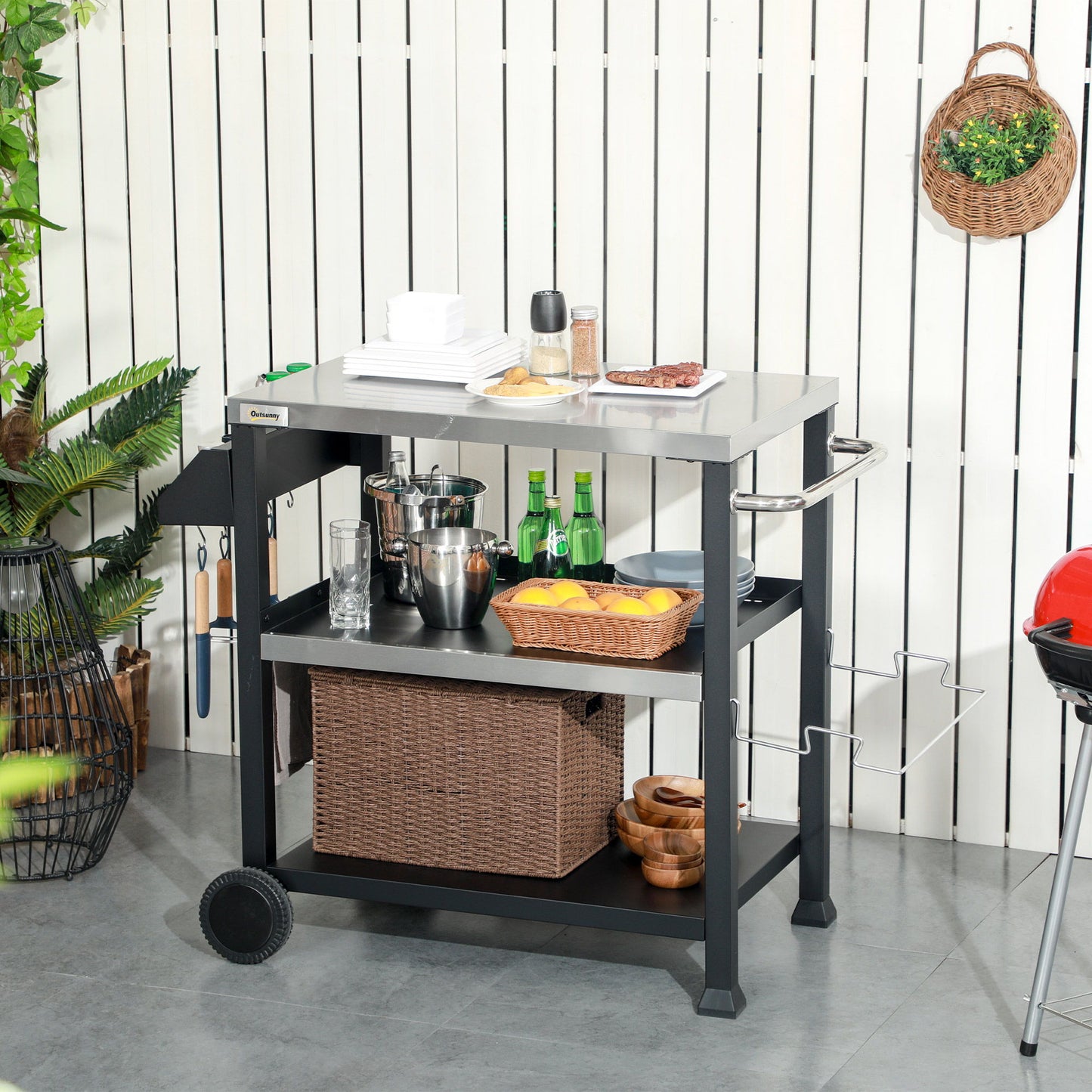 3-Shelf Outdoor Grill Cart Table with Side Handle, Stainless Steel Pizza Oven Stand on Wheels, Black