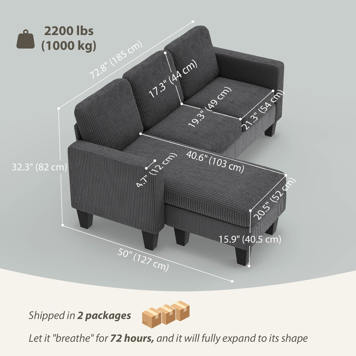 Sectional Sofa, L Shaped Couch, with Changeable Chaise or Ottoman, Dark Grey
