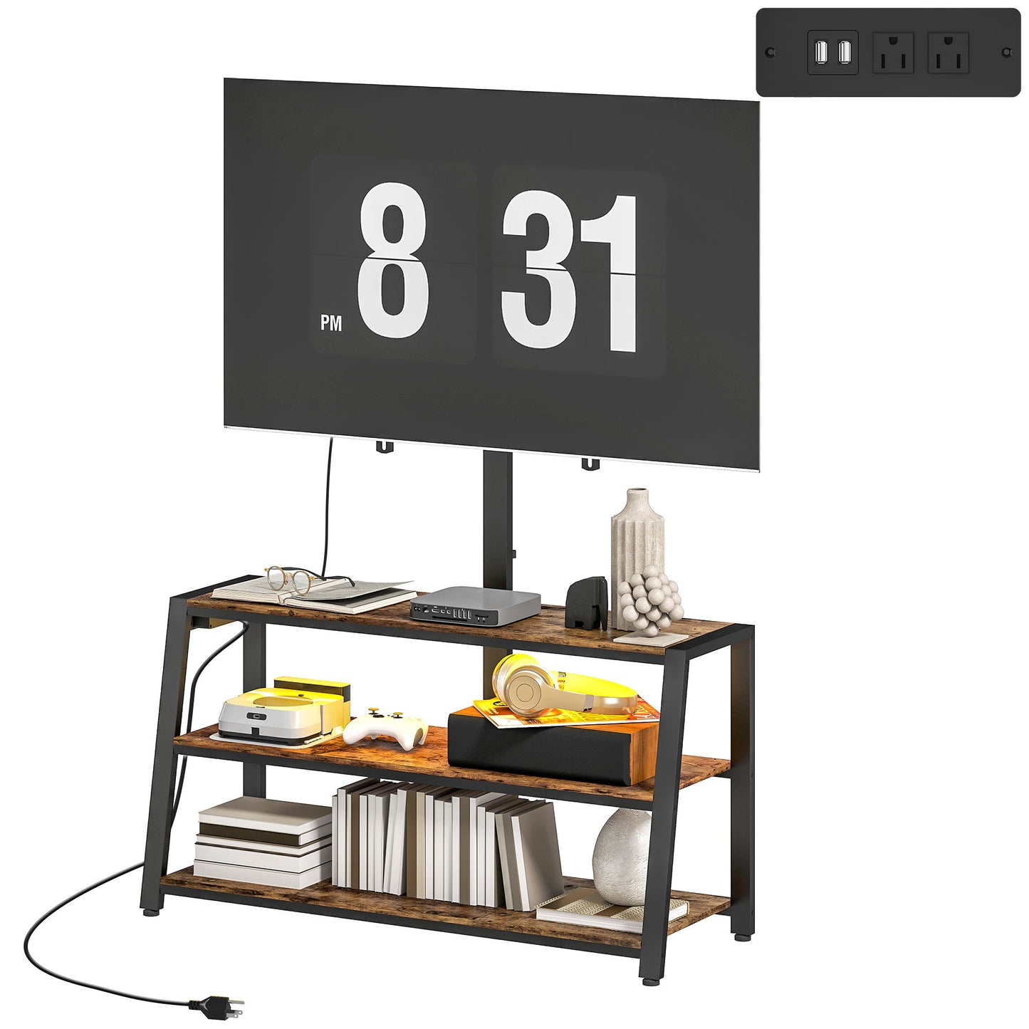 TV Stand with Mount and Power Outlet, Swivel TV Stand Mount with LED Lights for 32-70 Inch TVs for Living Room, Bedroom