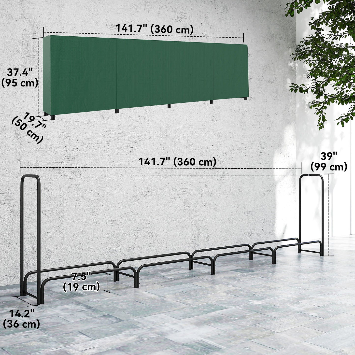 Firewood Rack with Waterproof Cover, 500 kg Log Storage Holder with Steel Chains, 142" x 14" x 39", Dark Green