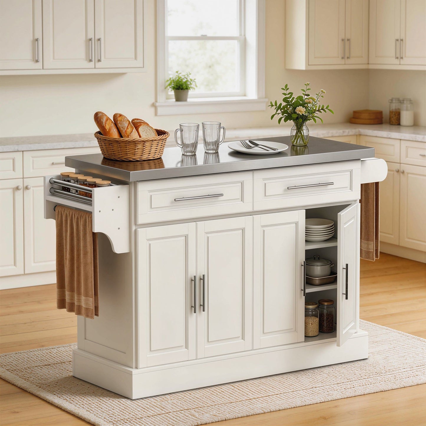 Rolling Kitchen Island with Stainless Steel Top - Cream