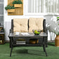 Outdoor Patio PE Rattan Coffee Table with Storage Shelf, Wicker Side Table with Glass Top, Black