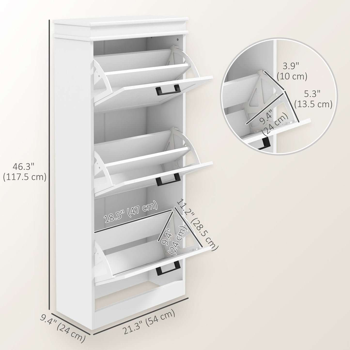 Slim Shoe Cabinet with 3 Flip Drawers and Adjustable Shelves, Narrow Shoe Cabinet for 15 Pairs of Shoes, White