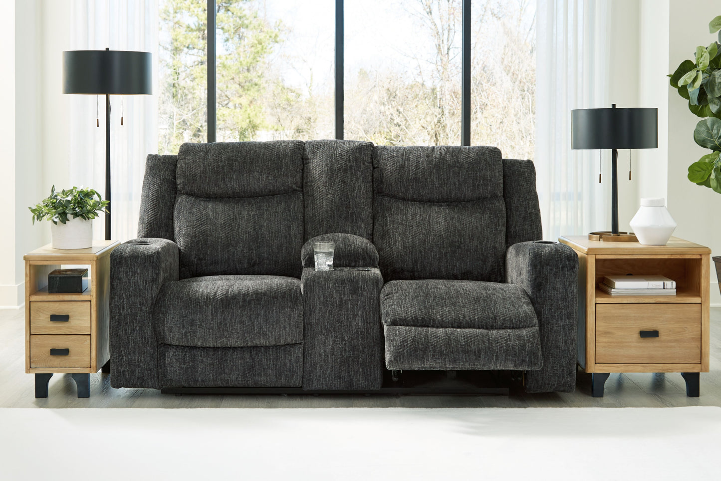 Martinglenn - Ebony - Dbl Power Reclining Loveseat W/Console - Fabric