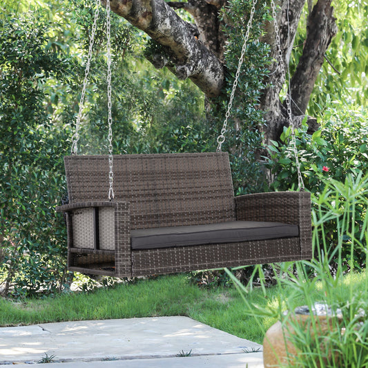 2-Person Patio Porch Swing Chair, Outdoor Rattan Hanging Bench with Cushion & 7.2 ft Steel Chains, Grey