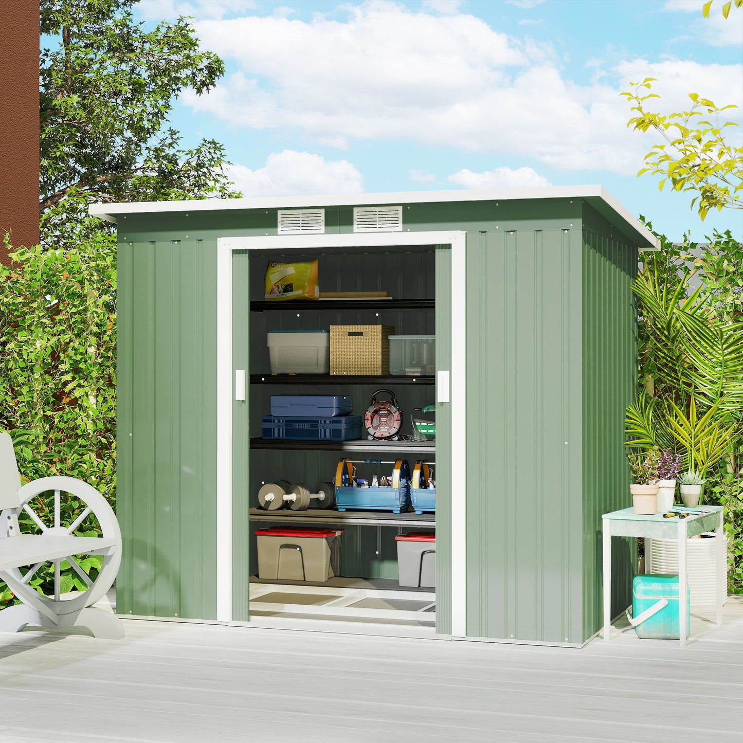 7' x 4' Galvanised Steel Garden Shed, with Foundation Kit - Green