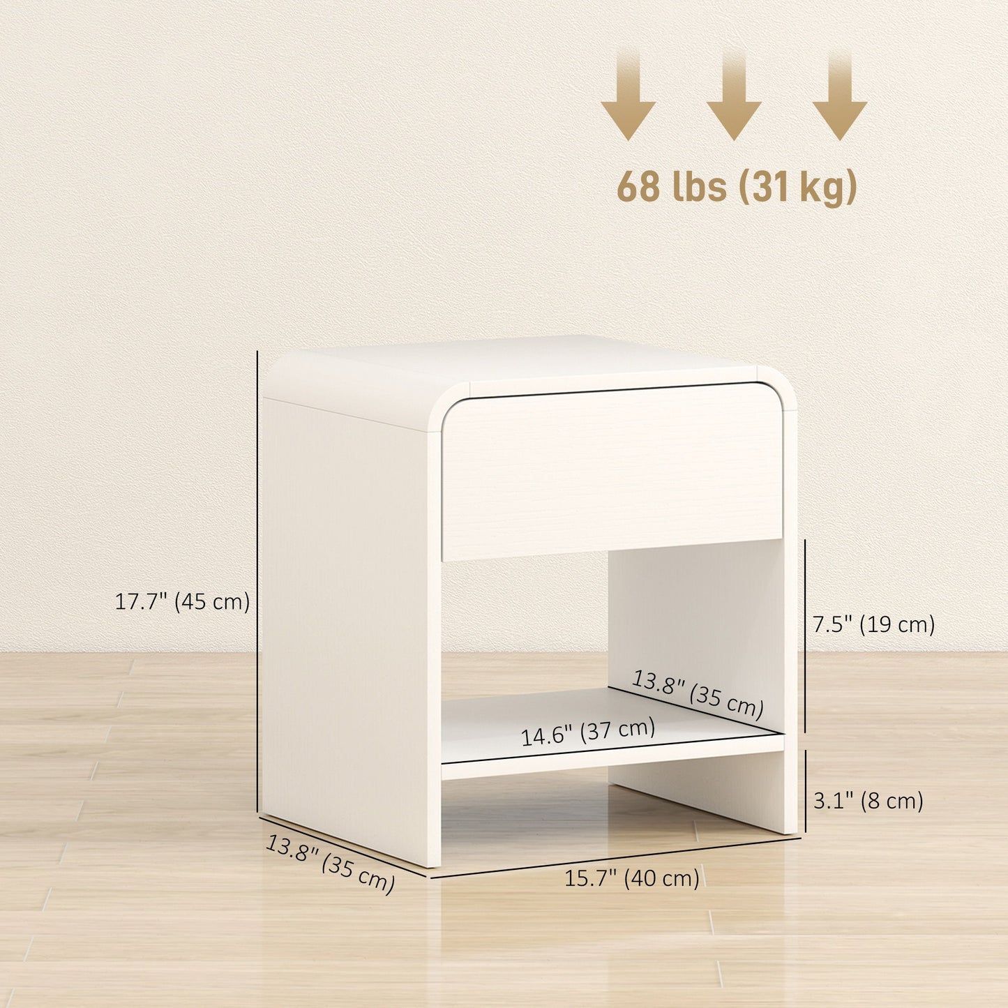 Nightstand Set of 2, Modern Bedside Table with Rounded Corners, Nightstand with Drawer and Open Shelf, Distressed White