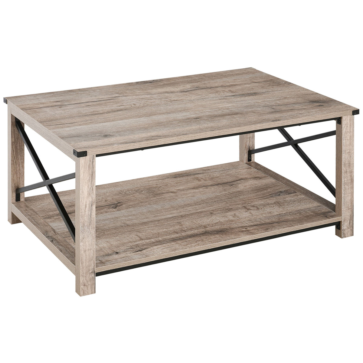 Industrial Coffee Table, Cocktail Table with Bottom Storage Shelf, Metal X-Bar for Living Room Bedroom