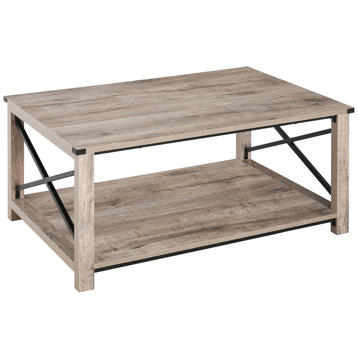 Industrial Coffee Table, Cocktail Table with Bottom Storage Shelf, Metal X-Bar for Living Room Bedroom
