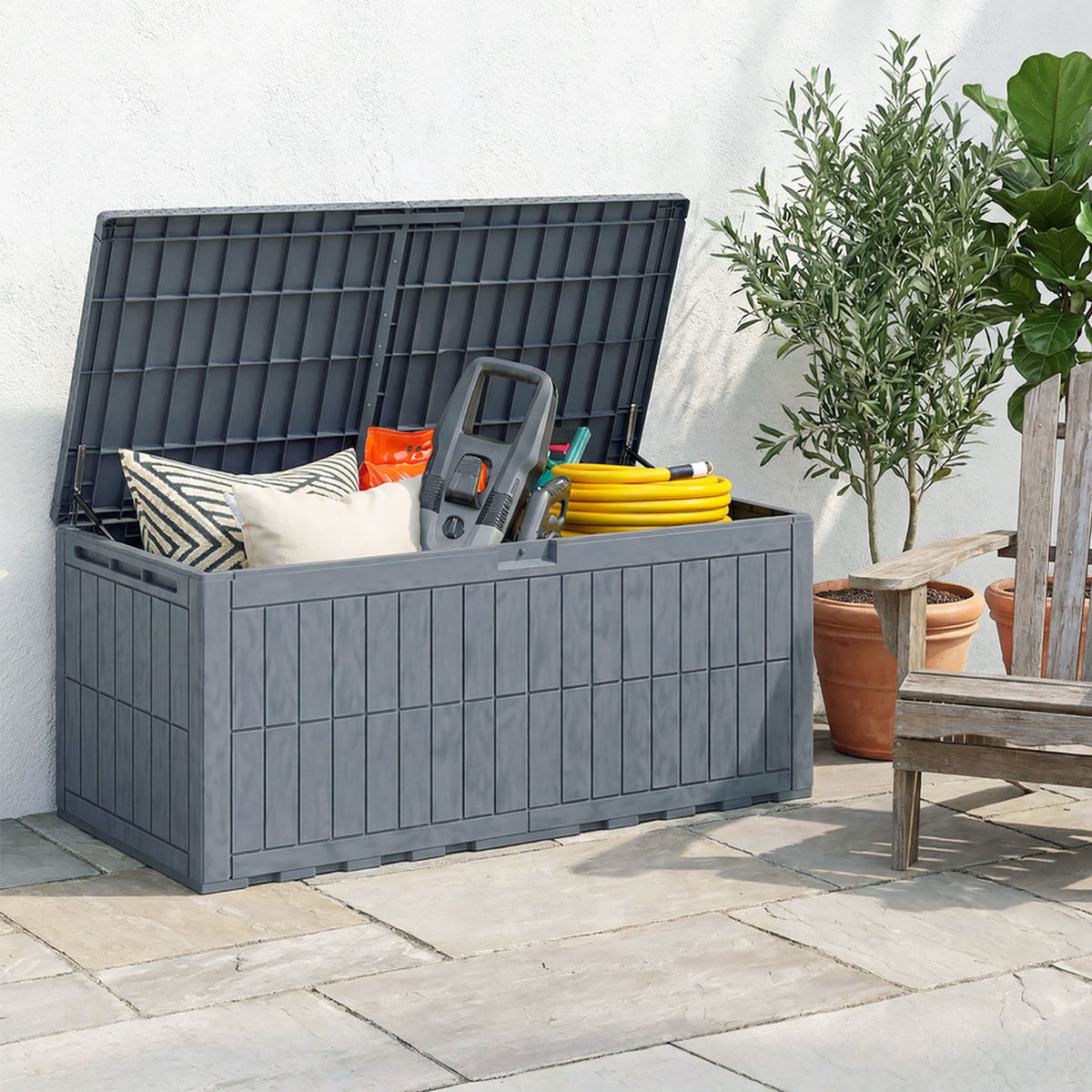 100 Gallon Resin Deck Box, Waterproof Lockable Outdoor Storage Box with Pneumatic Gas Rods, Side Handles