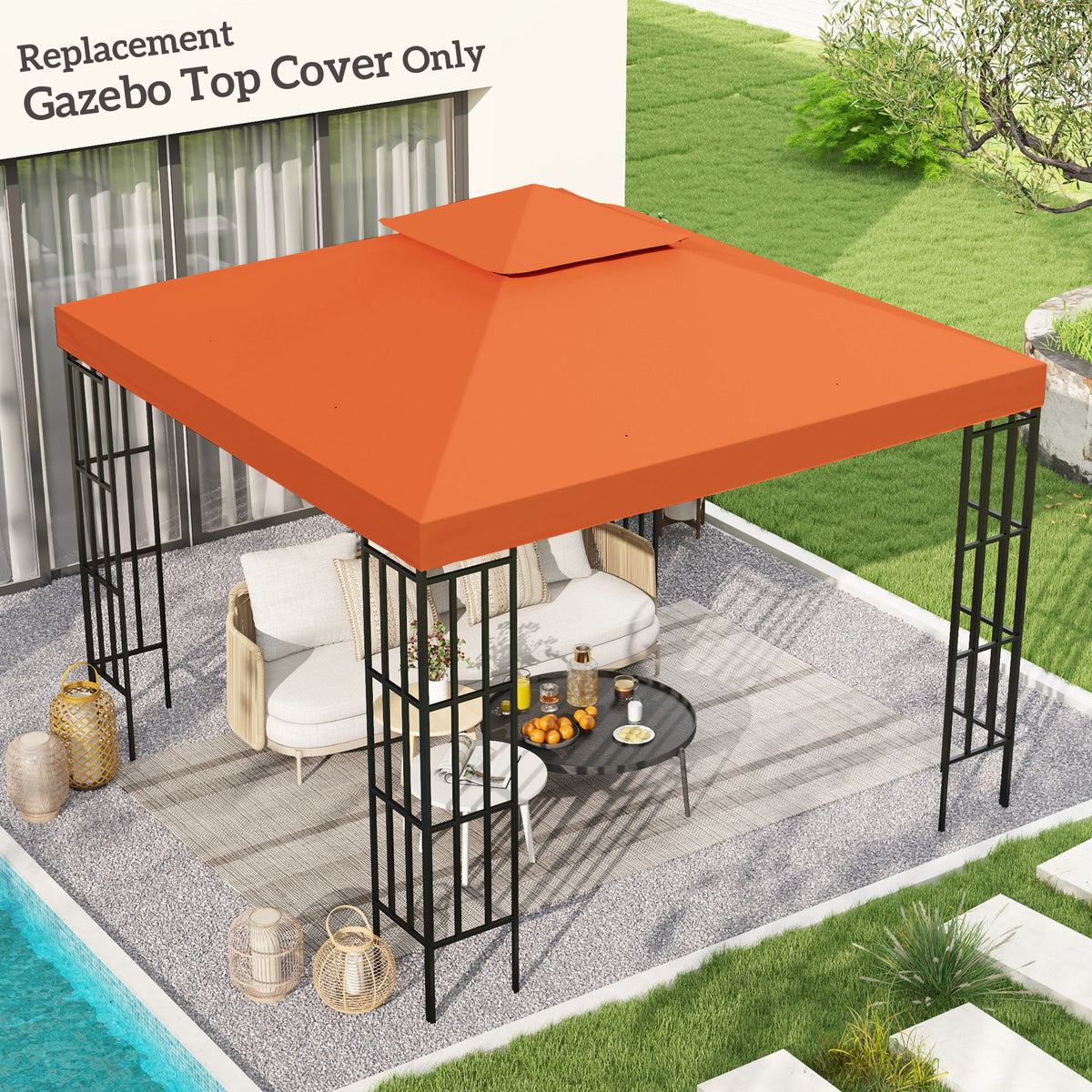 10' x 10' Square 2-Tier Gazebo Canopy Replacement Top Cover Outdoor Garden Sun Shade, Orange