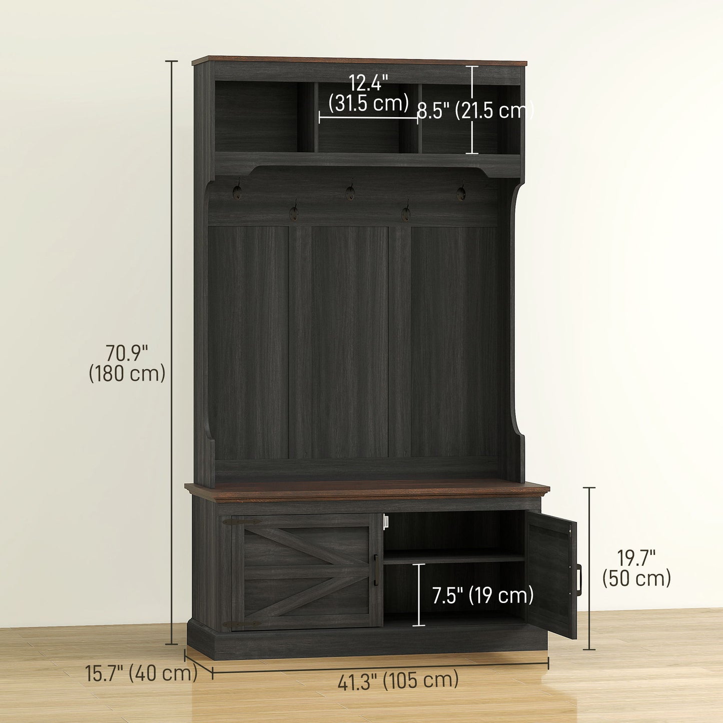 3-in-1 Hall Tree with Bench, Coat Rack with Shoe Storage, Distressed Black