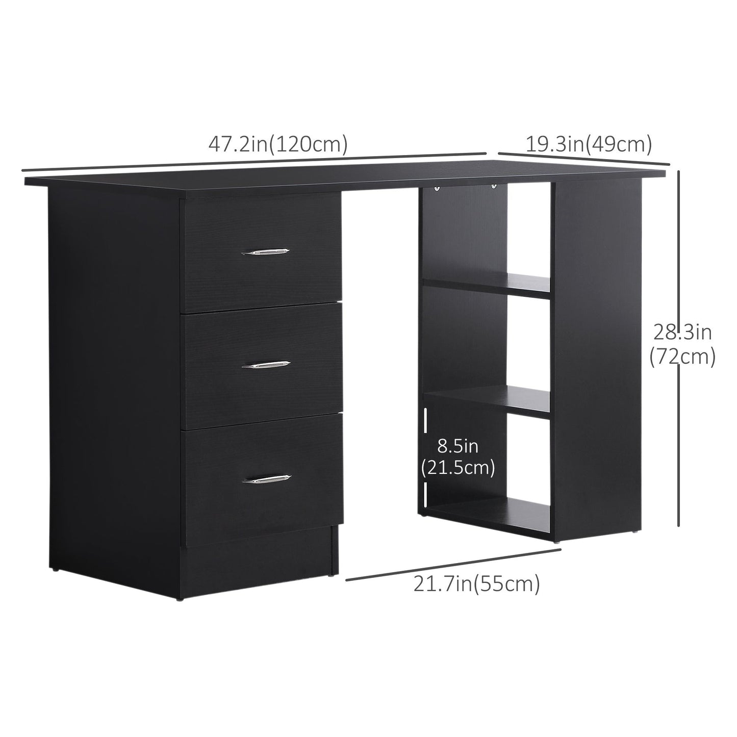 47" Computer Desk with 3-Tier Shelves and Drawers - Black