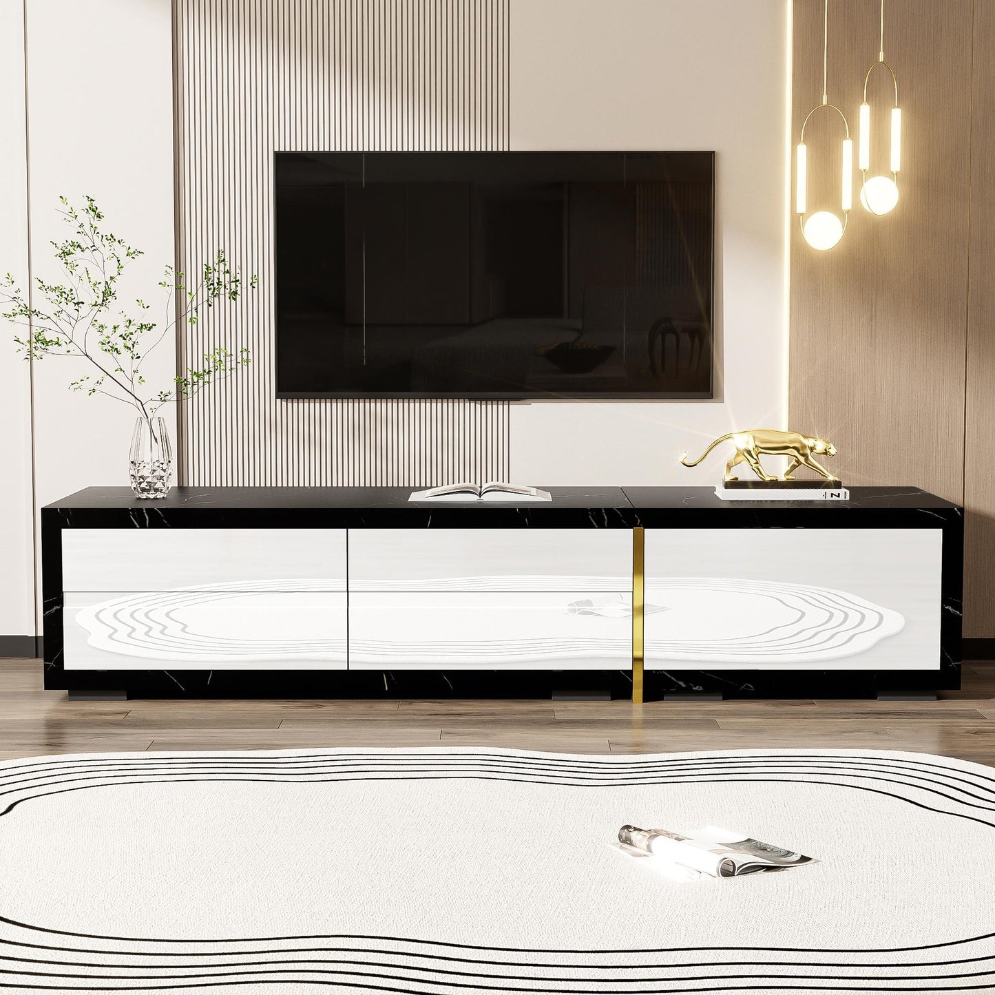 Modern TV Cabinet with Rotating Function and Spacious Storage, Extendable TV Stand for living spaces, 102.5'' L x 16'' W x 12'' H, Black+White