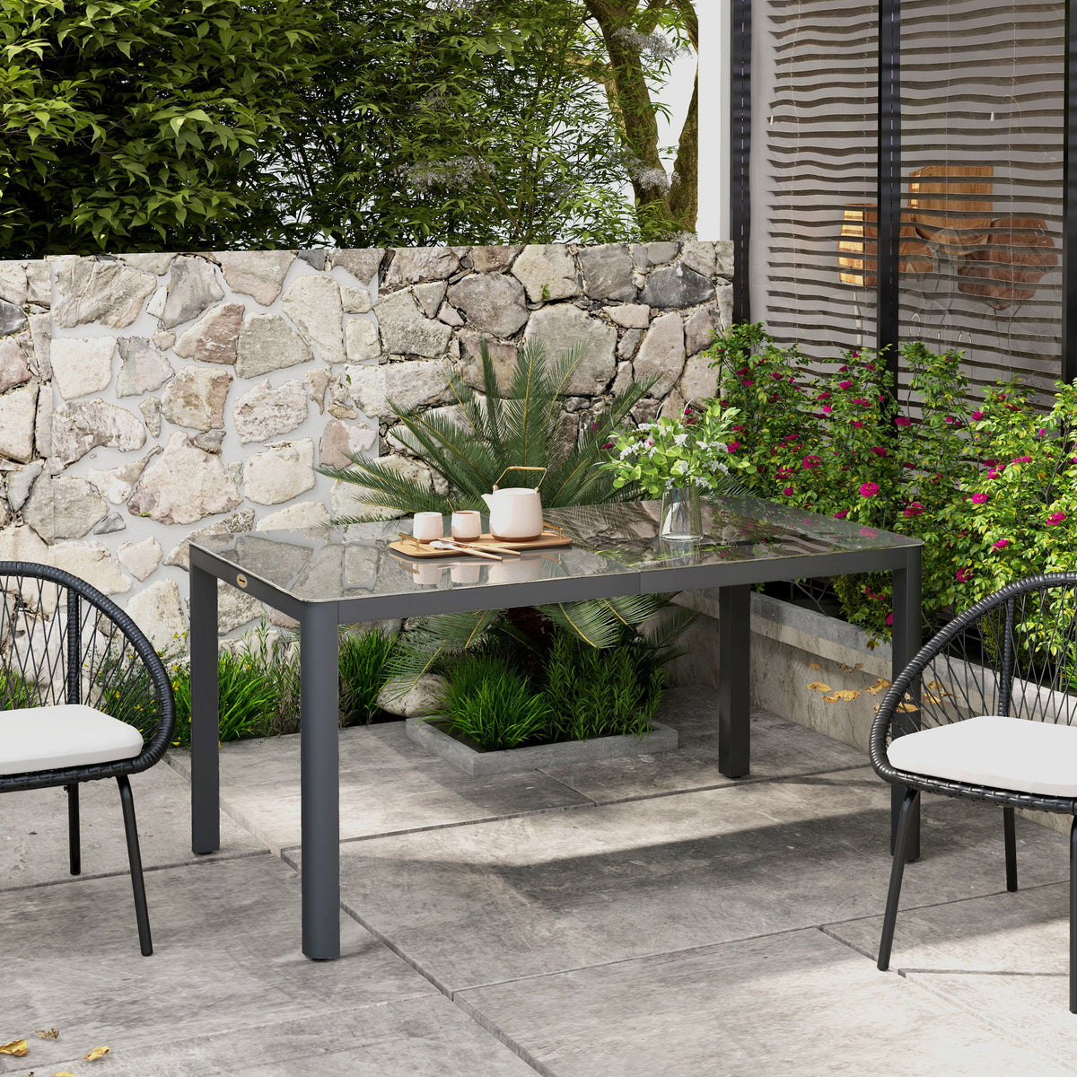 59" x 35" Aluminium Outdoor Dining Table for 6, with Glass Tabletop, Grey