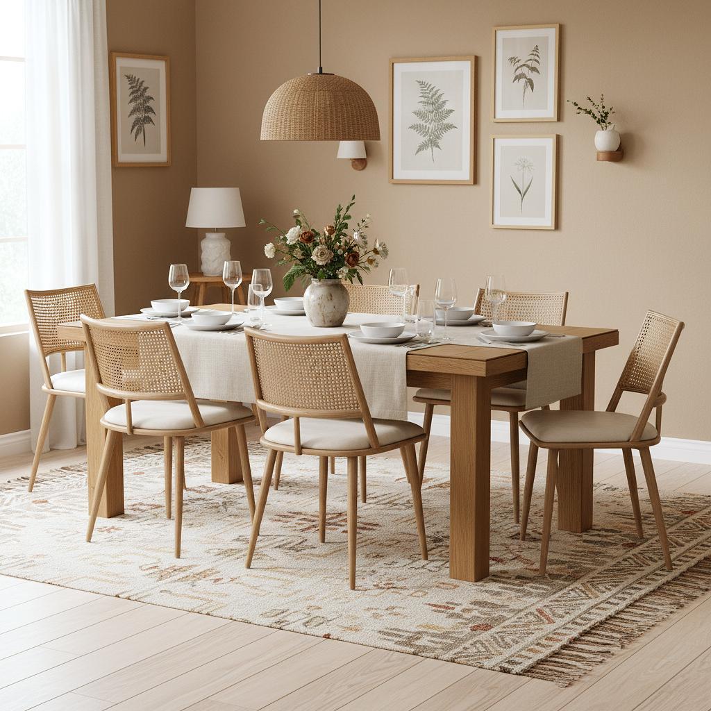 Set of 6 Modern Dining Chairs with PE Rattan Backrest, Ergonomic Side Chairs for Restaurant and Cafe, 19.5'' L x 19'' W x 31.5'' H, Beige+Natural