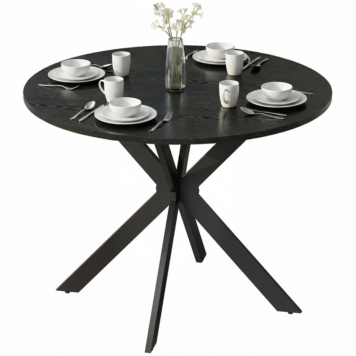 39" Dining Table, Contemporary Round Kitchen Table with Steel Legs, Black Wood Grain