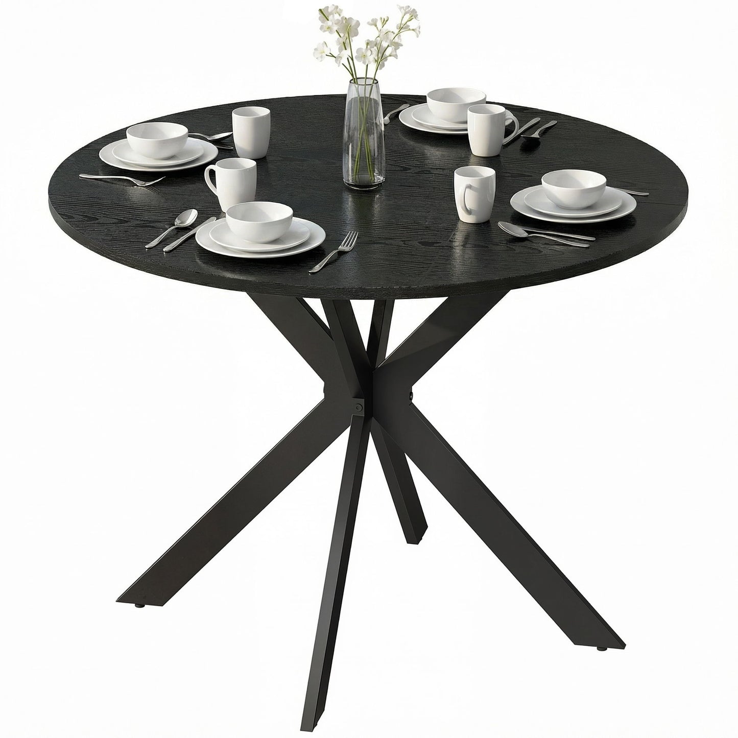 39" Dining Table, Contemporary Round Kitchen Table with Steel Legs, Black Wood Grain