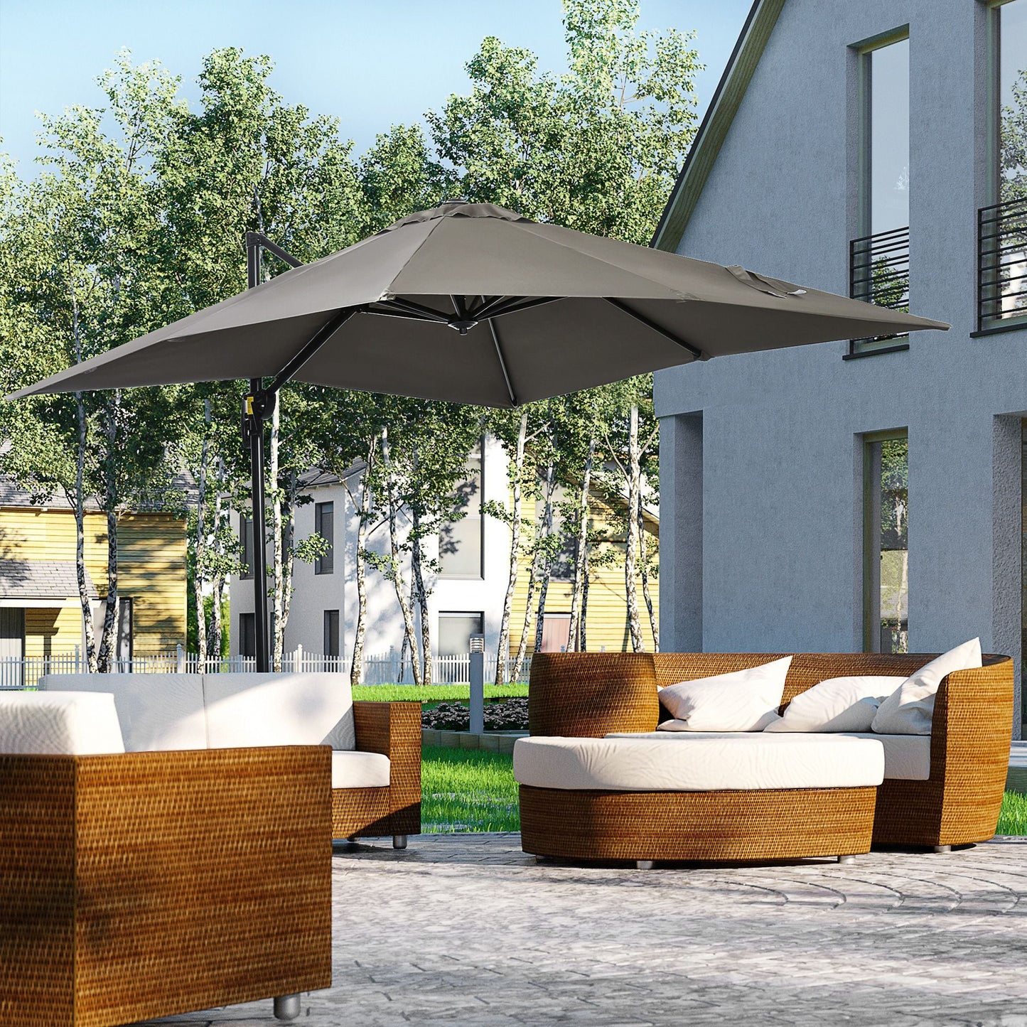 8' x 8' Square Patio Hanging Offset Umbrella with 360° Rotation, Aluminum Outdoor Cantilever Market Parasol, Light Grey