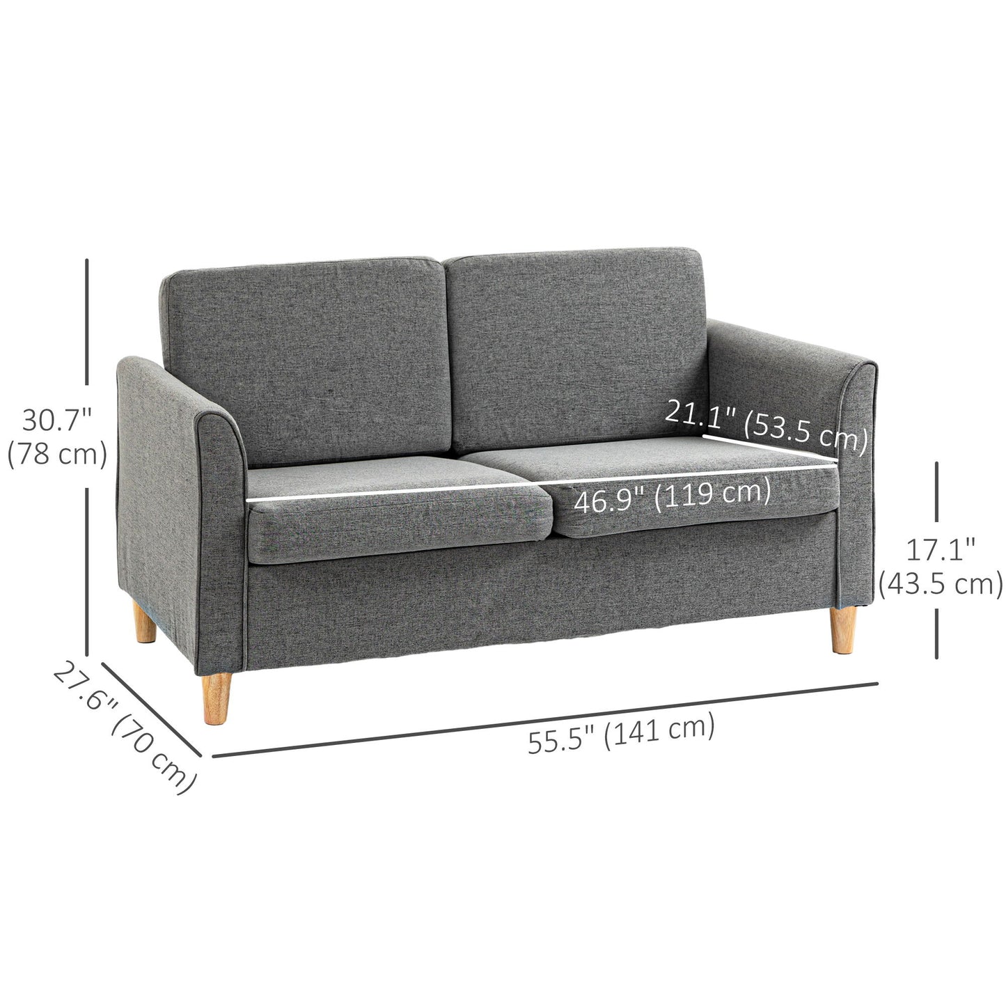 2-Seat Sofa Two-Seater Couch with Armrests and Wood Legs for Living Room, Bedroom, Grey