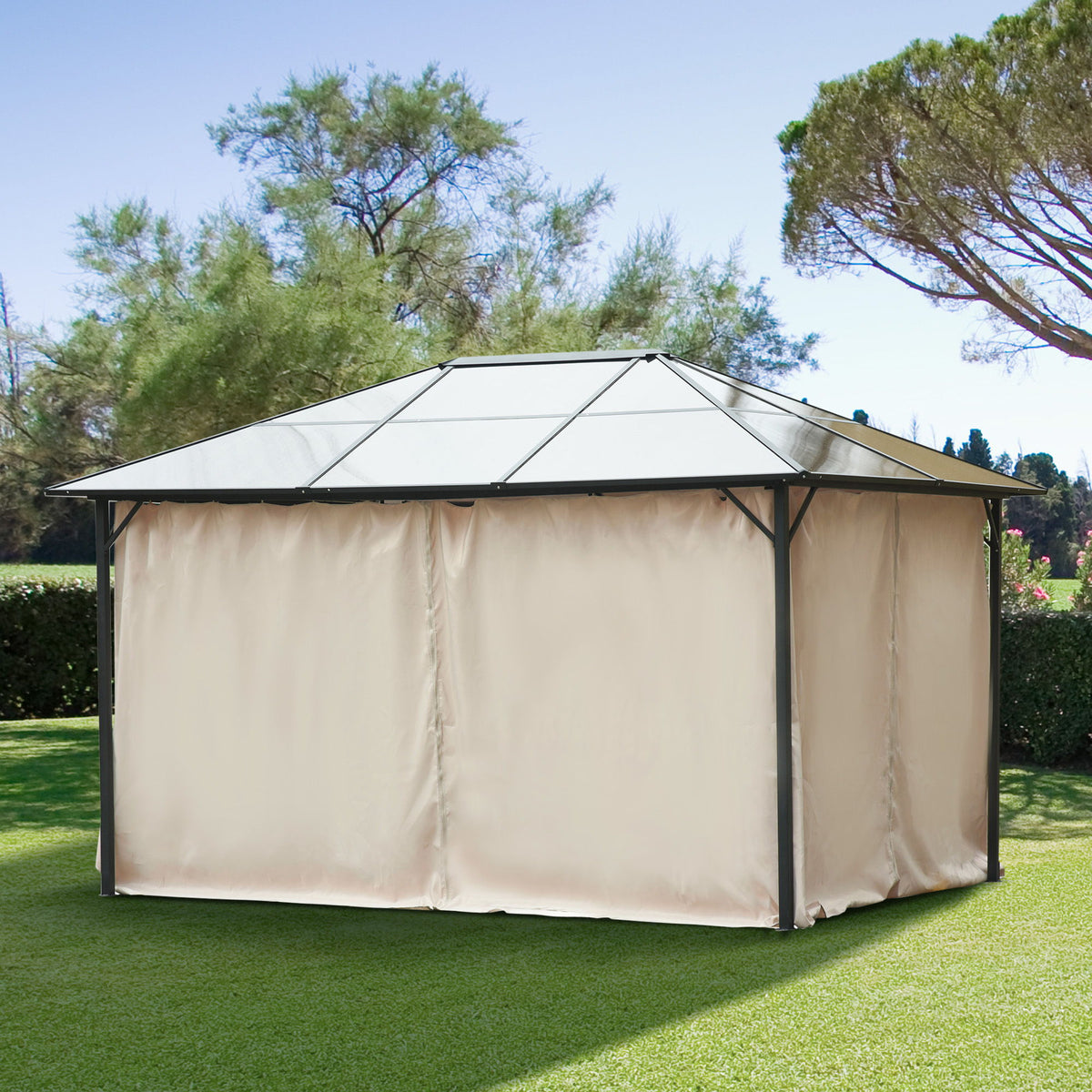 Gazebo Curtains, 10' x 13' Universal Replacement Privacy Curtain, 4-Panels Sidewall with Hooks/C-Rings, Beige