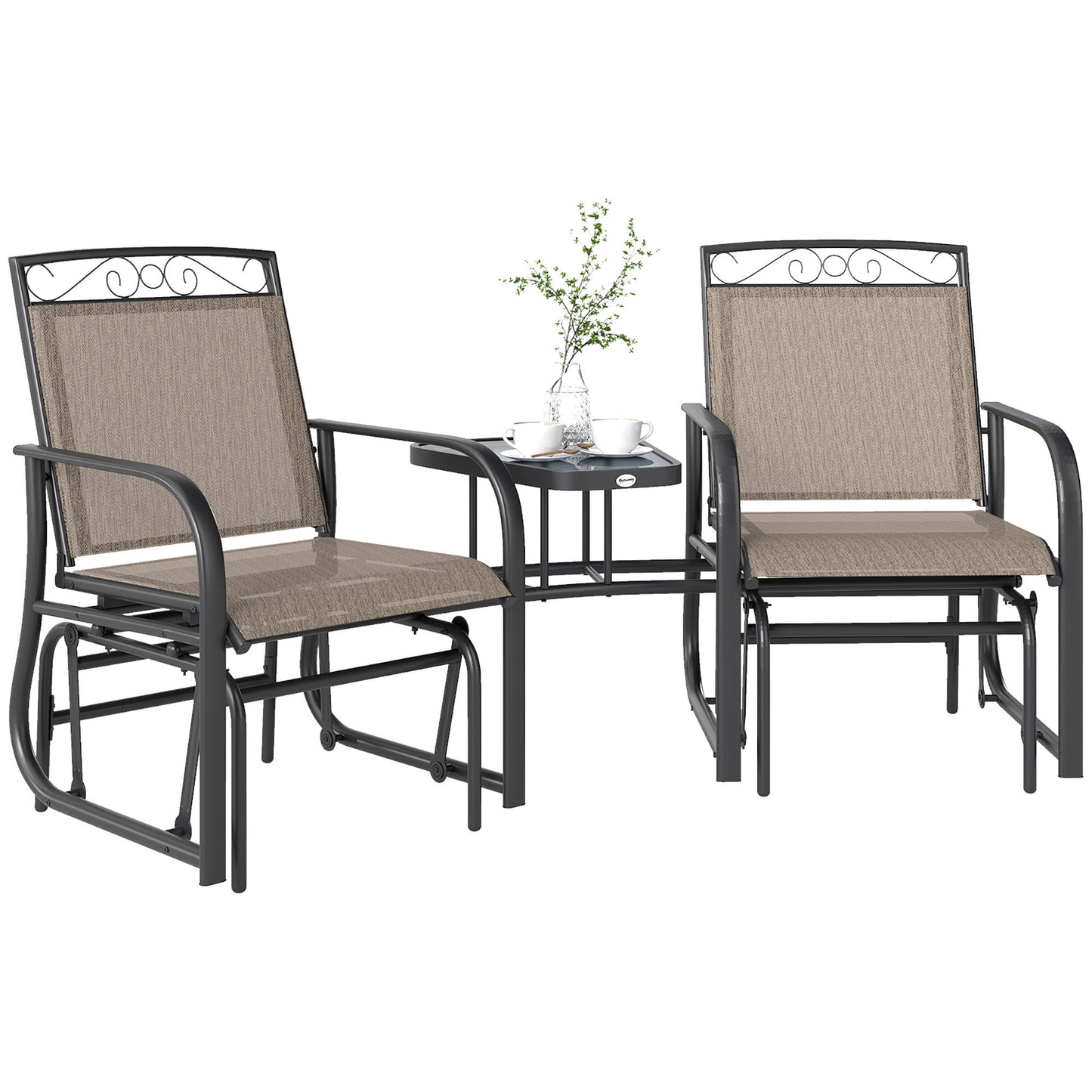 Outdoor Glider Bench with Coffee Table, Patio 2-Seat Rocking Chair Swing Loveseat with Breathable Sling for Backyard Garden Porch, Brown