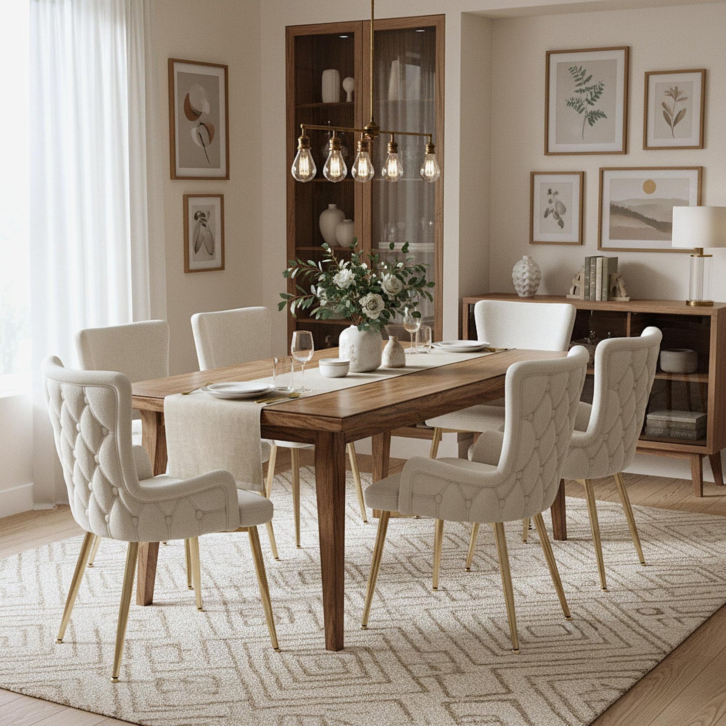 Set of 6 Velvet Dining Chairs with 4 Electroplated Metal Legs, Upholstered Leisure Chair with Wood Frame, 21.5'' L x 20.5'' W x 33.5'' H, Beige+Gold