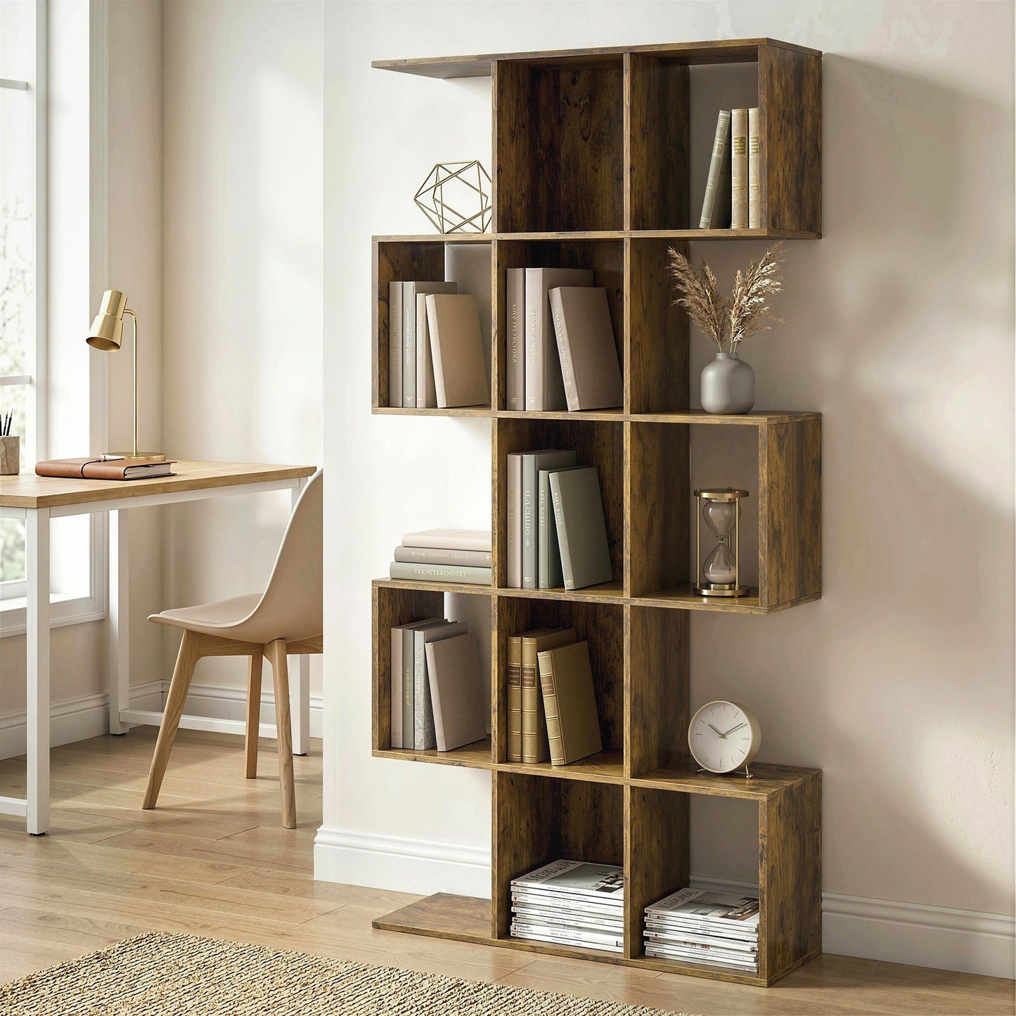 5-Tier S-Shaped Geometric Bookshelf - Rustic Brown