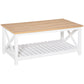 Farmhouse Coffee Table with Slatted Bottom Shelf, Center Table with X Bar Frame for Living Room, White, Natural