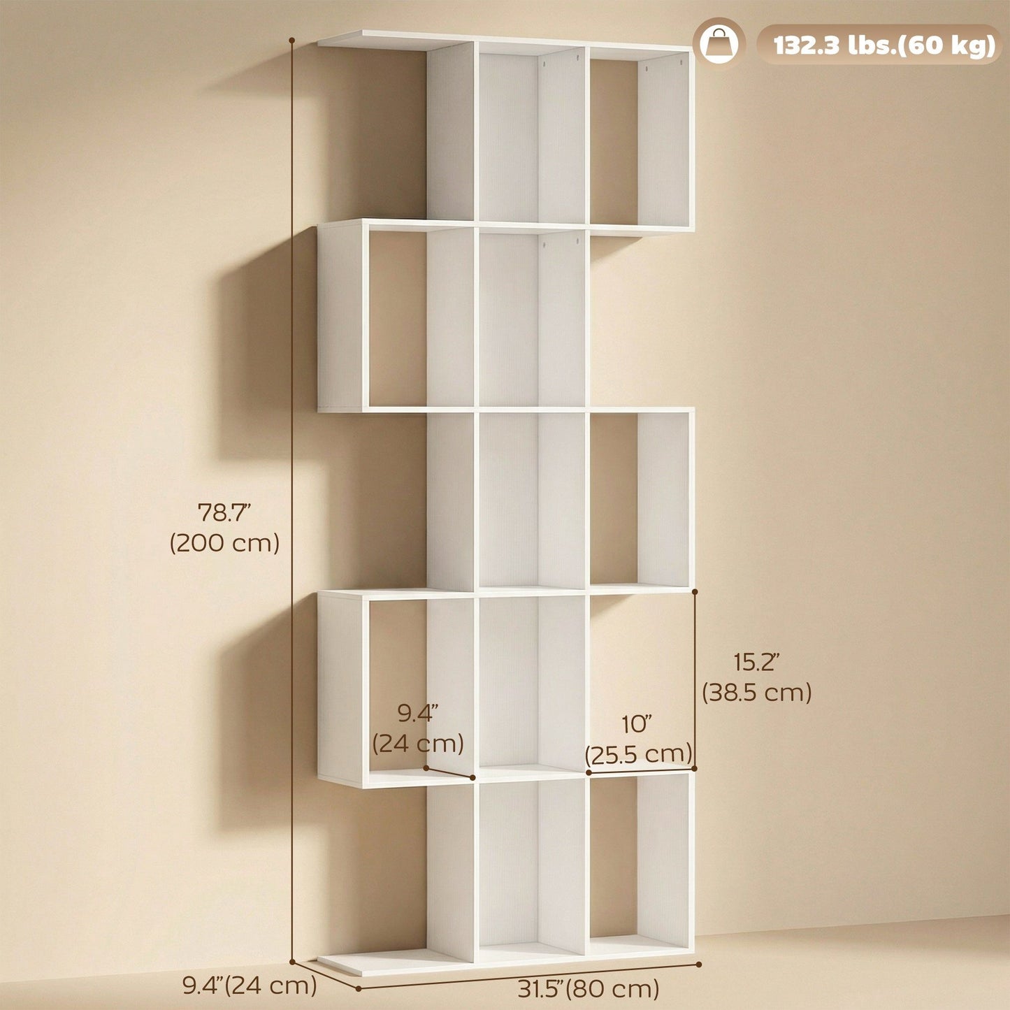5-Tier S-Shaped Geometric Bookcase - White Wood Grain
