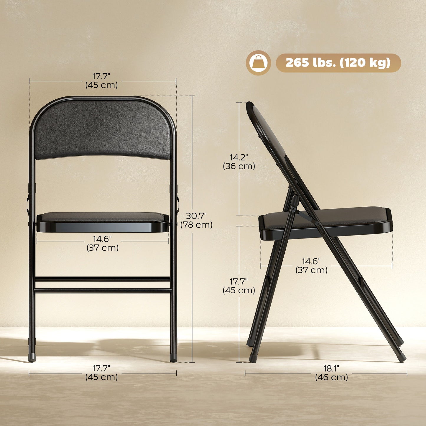 Set of 6 Metal Foldable Chairs, PU Leather Padded Folding Chairs with Cushion Seat and Open Back for Indoor, Black