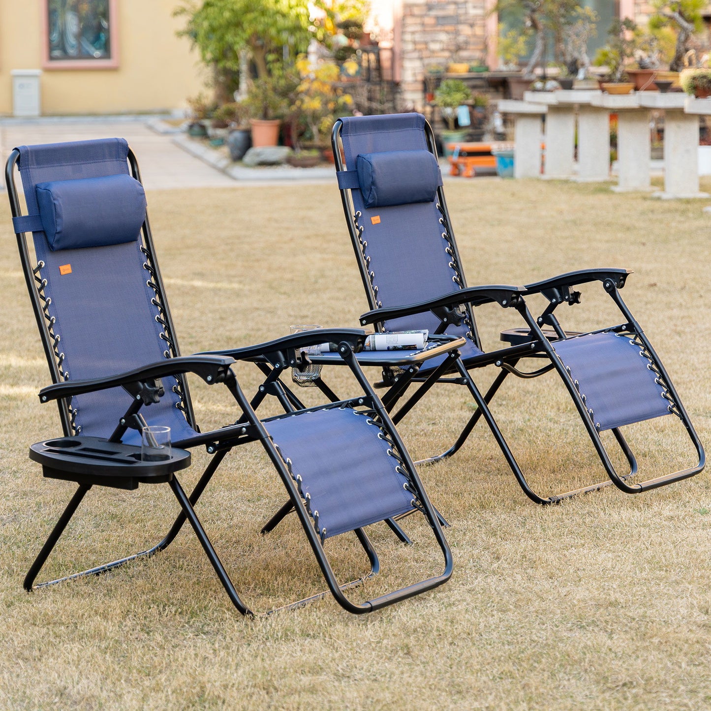Zero Gravity Chair Set of 2 Patio Chair with Side Table Cupholders and Pillows for Pool, Backyard, Lawn, Beach, Blue