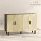 Boho Sideboard Buffet Cabinet, Storage Cabinet with 4 Rattan Doors and Adjustable Shelves, Black