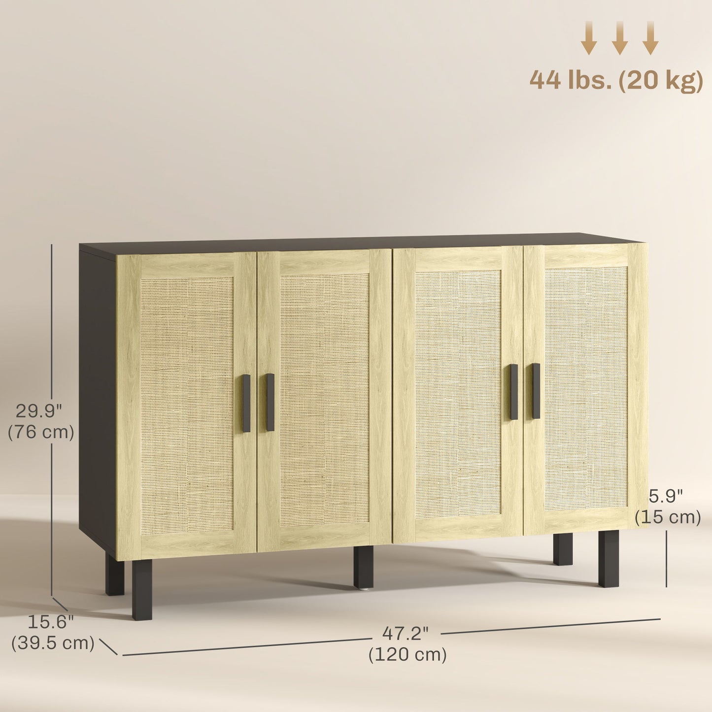 Boho Sideboard Buffet Cabinet, Storage Cabinet with 4 Rattan Doors and Adjustable Shelves, Black