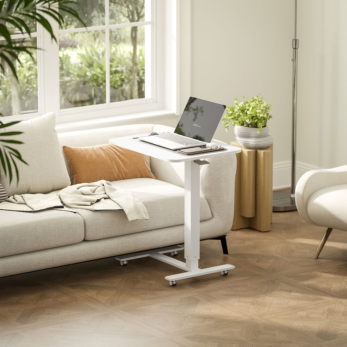 Pneumatic Standing Desk Adjustable Height, Mobile Stand Up Desk with Wheels, 43 Inch Portable Rolling Table, White