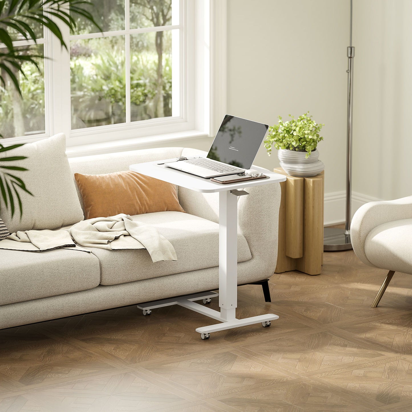 Pneumatic Standing Desk Adjustable Height, Mobile Stand Up Desk with Wheels, 43 Inch Portable Rolling Table, White