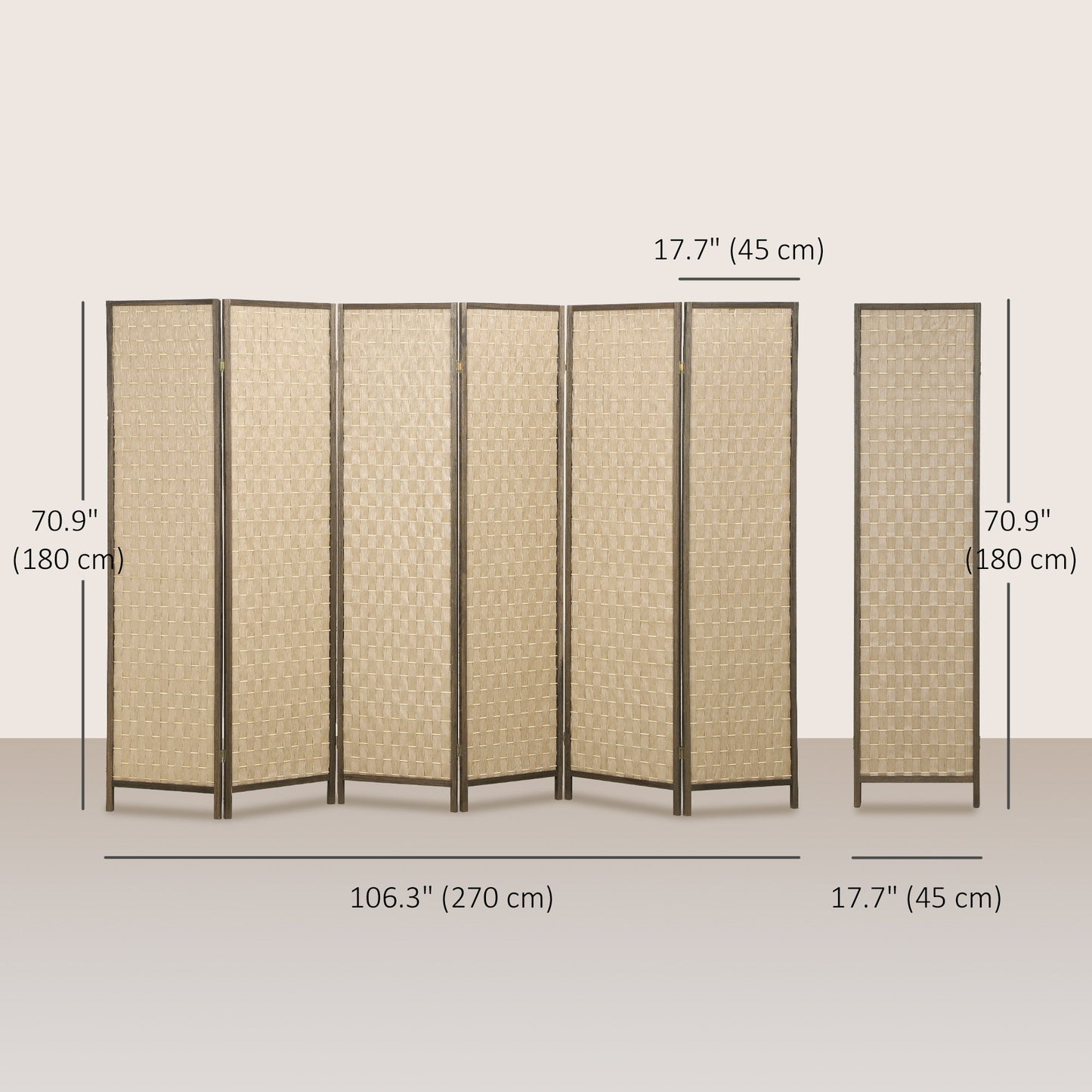 6 FT Room Divider, 6 Panel Folding Privacy Screen, Lightweight Handwoven Freestanding Partition for Home Office, Brown