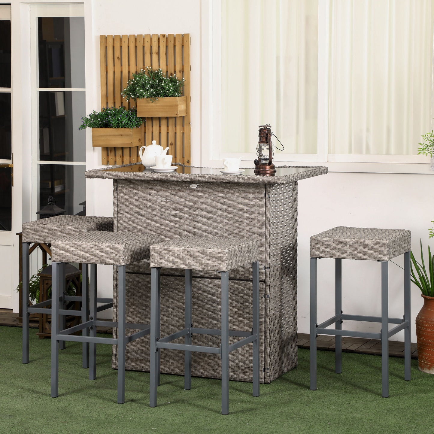 5 Pieces Patio Bar Set, Outdoor PE Rattan Wicker High Top Outdoor Table and Chairs Outdoor Bar Set with Tempered Glass Top Bar Table and Shelves, 4 Bar Chairs, Grey