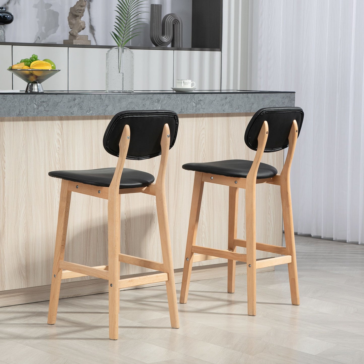 Bar Stools Set of 2, PU Leather Counter Height Barstools, Bar Chairs with Footrest, Solid Wood Legs, Natural and Black