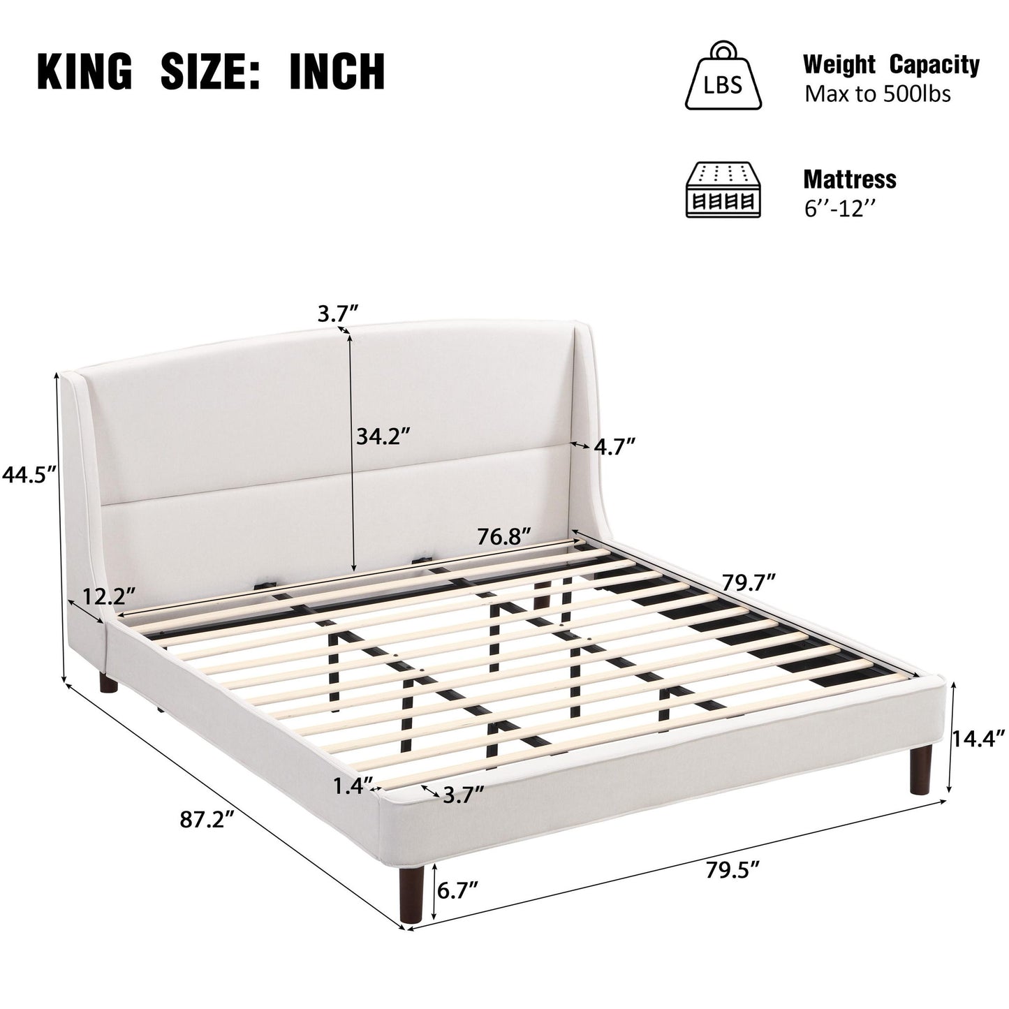 King Size Upholstered Platform Bed with Wingback Headboard, Double Bed with Solid Rubberwood Legs, 87'' L x 79.5'' W x 44.5'' H, White