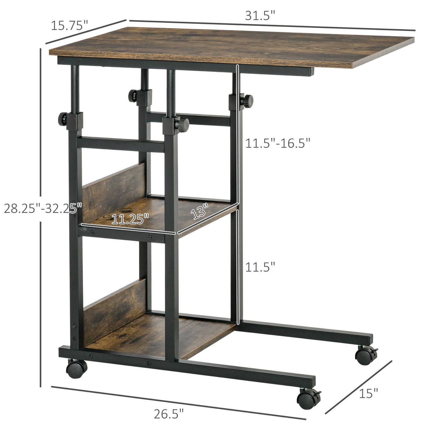 Mobile Standing Desk, Adjustable Height 31.5 inch Stand Up Desk with Wheels for Home Office, Rustic Brown