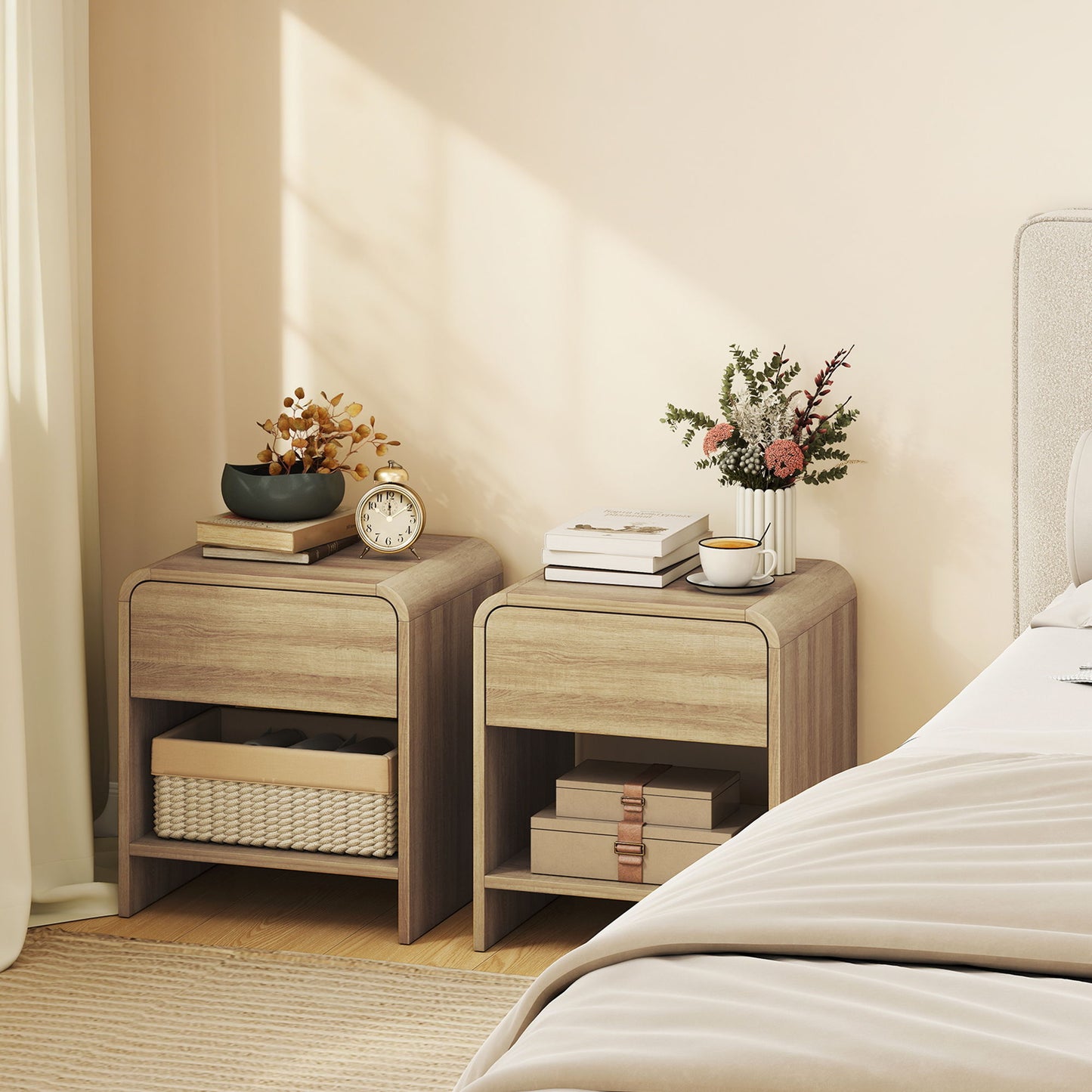 Nightstand Set of 2, Modern Bedside Table with Rounded Corners, Nightstand with Drawer and Open Shelf, Natural Wood