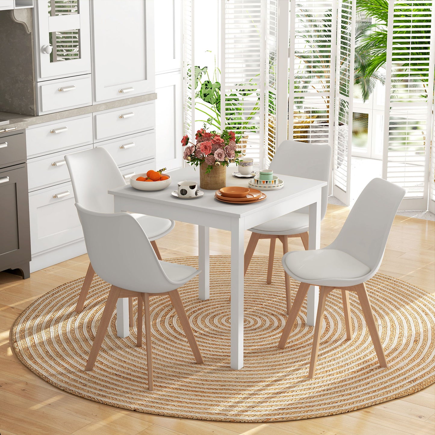 Modern Dining Table Chairs Set of 4, Rubber Wood Kitchen Table Chairs with PU Leather Cushion for Living Room, Bedroom