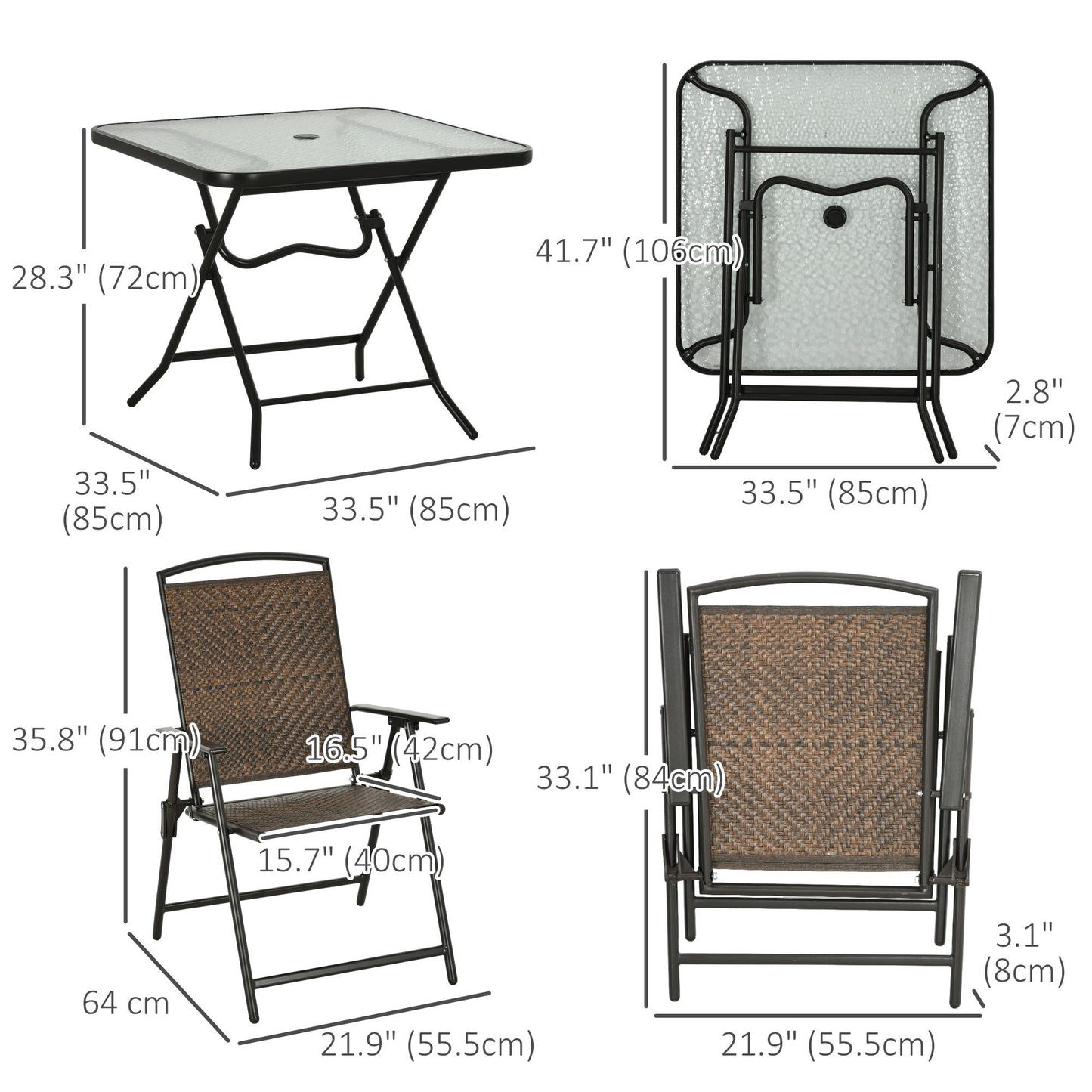 5 Pieces Folding Rattan Patio Table and Chairs for 4 with Umbrella Hole, Tempered Glass Top, Dark Brown