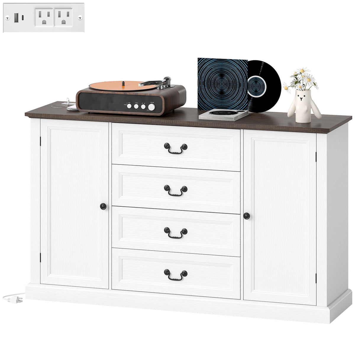 Farmhouse Sideboard with Charging Station, 58" Buffet Cabinet, Kitchen Storage Cabinet with 4 Drawers, 2 Doors, White