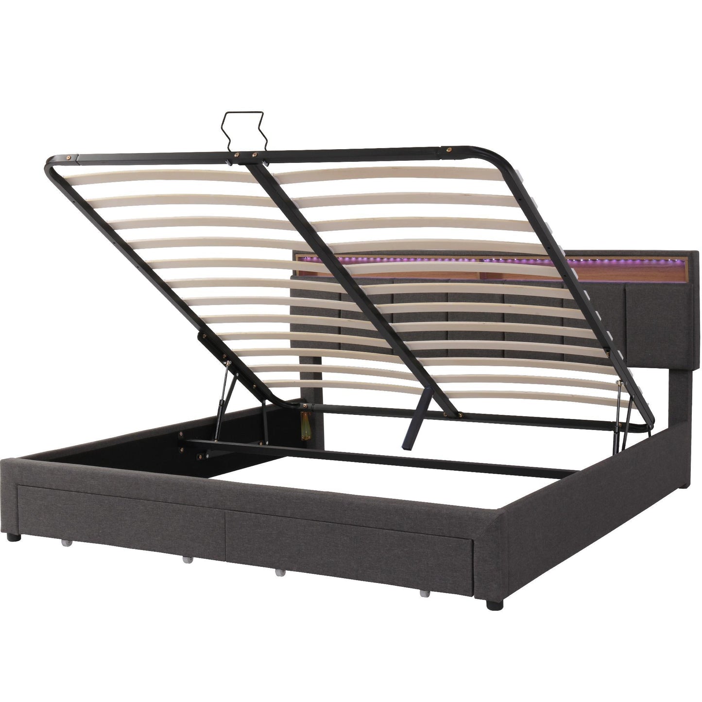 Queen Size Hydraulic Storage Bed with Remote-Controlled LED Headboard, Solid Bed Frame with Reinforced Leg, 84'' L x 61.5'' W x 39'' H, Grey
