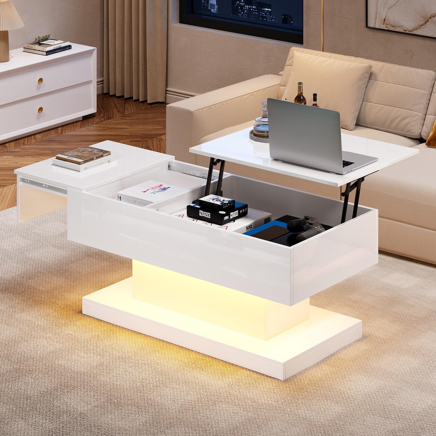Lift-Top Coffee Table with Sliding Extendable Desktop, Sleek Multi‑Use Table with USB/App-Controlled Lights, 39.5" L x 19.5" W x 17.5" H, White