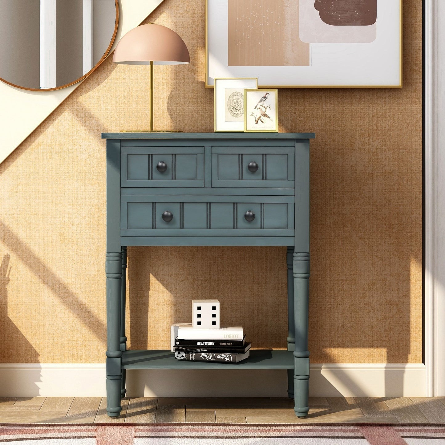 Elegant Narrow Console Table with Storage Drawers, Bottom Shelf, Tapered Legs, Round Knobs, Solid Wood Frame, 24" L x 13" W x 31" H, Navy