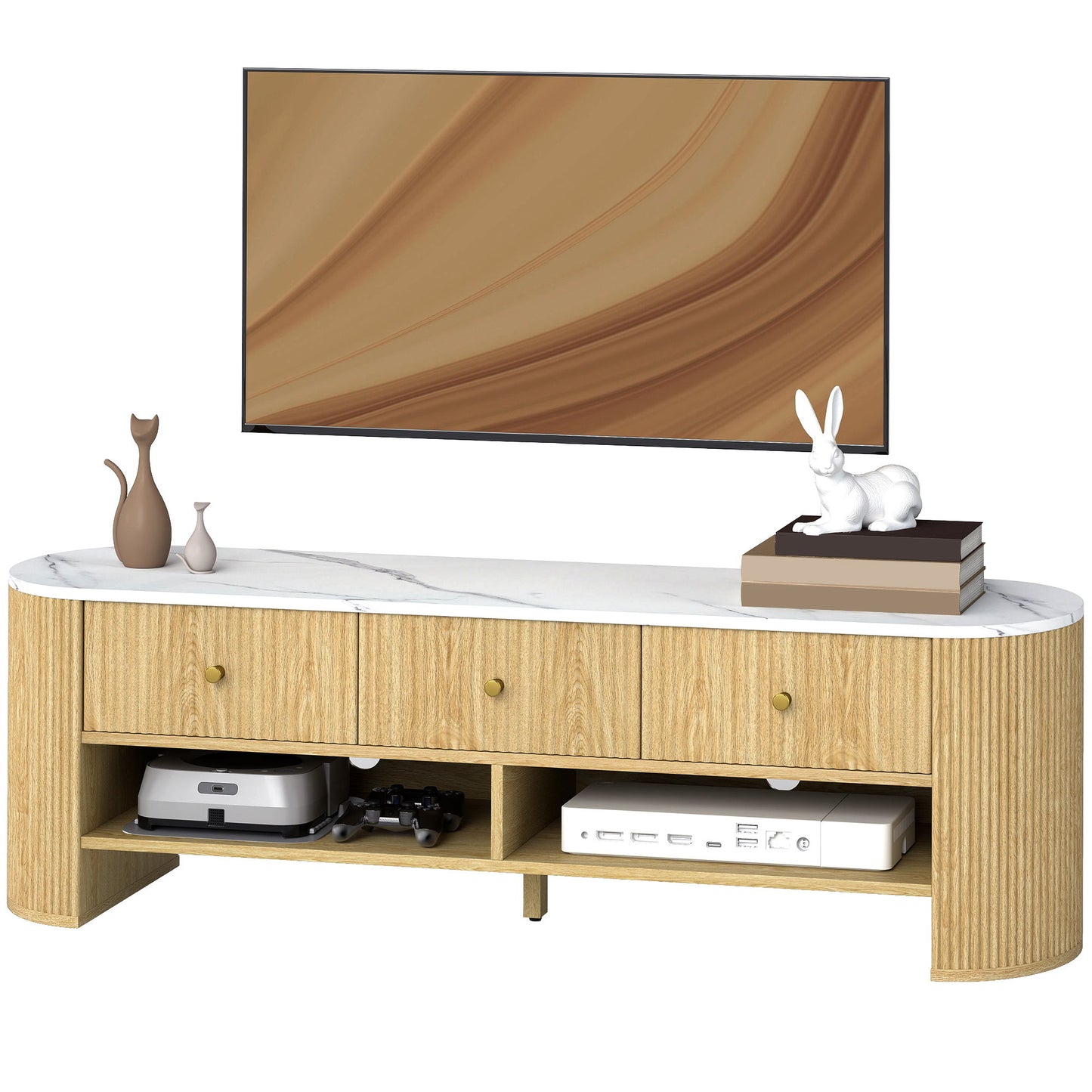 TV Stand, Modern TV Table with Marble-Effect Top, 3 Drawers and 2 Open Shelves for 32-65 Inch Television, Natural