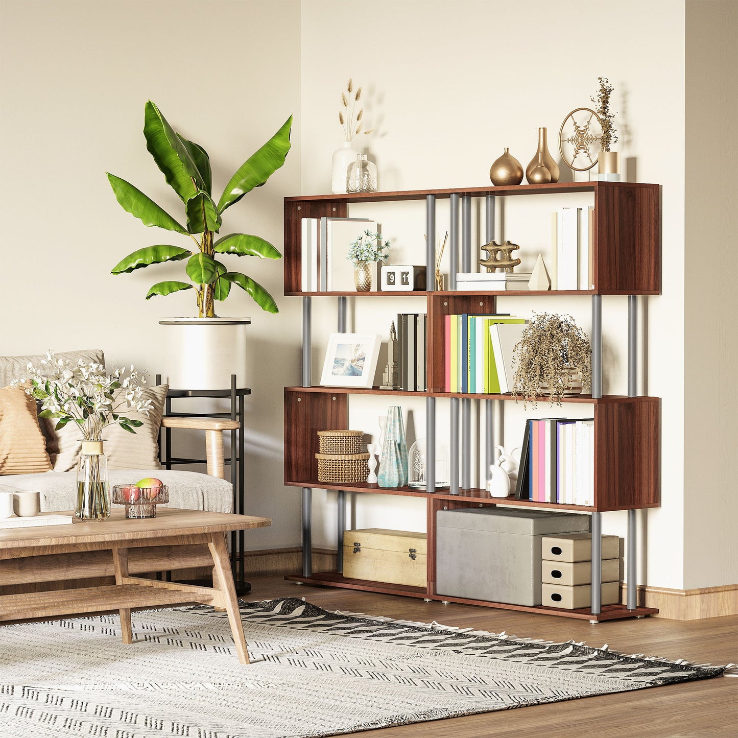 5-Tiers Geometric Wooden Bookcase S-Shaped Storage Bookshelf Display with Metal Frame for Living Room, Bedroom, Home Office, Walnut
